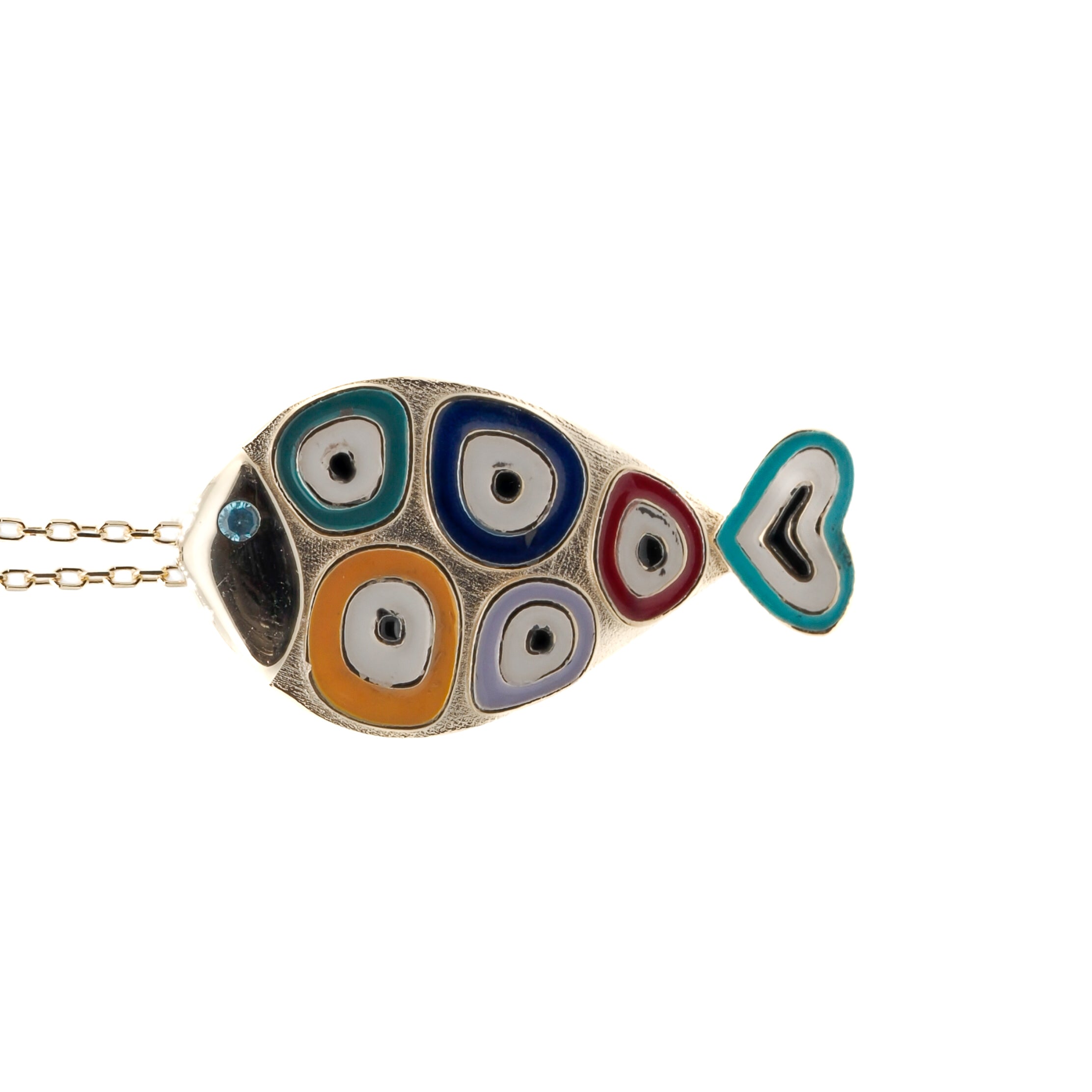Handcrafted Gold and Enamel Fish Pendant Necklace - Unique necklace made from high-quality 925 Sterling silver on 18K gold plated chain with a vibrant enamel pendant depicting a fish and surrounding evil eye designs.