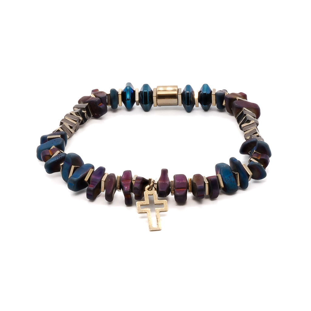 Gold Cross Bracelet - A close-up image showcasing the intricate details of the 925 silver 18k gold plated cross charm and the vibrant blue and purple hematite nugget beads. The gold color hematite stone spacers add a touch of elegance to this handmade bracelet.