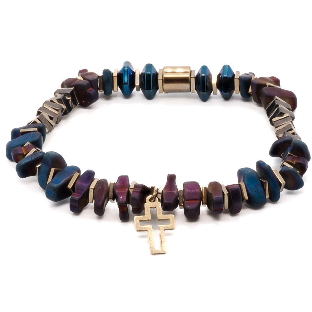 The bracelet's unique combination of colors, textures, and the symbolic cross charm make it a standout accessory that brings together style and faith.