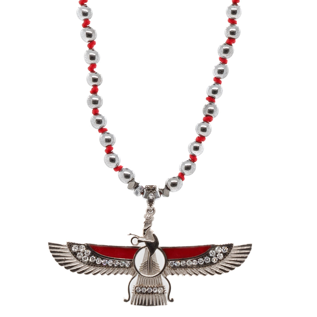 Silver color hematite stone beads necklace with Faravahar pendant