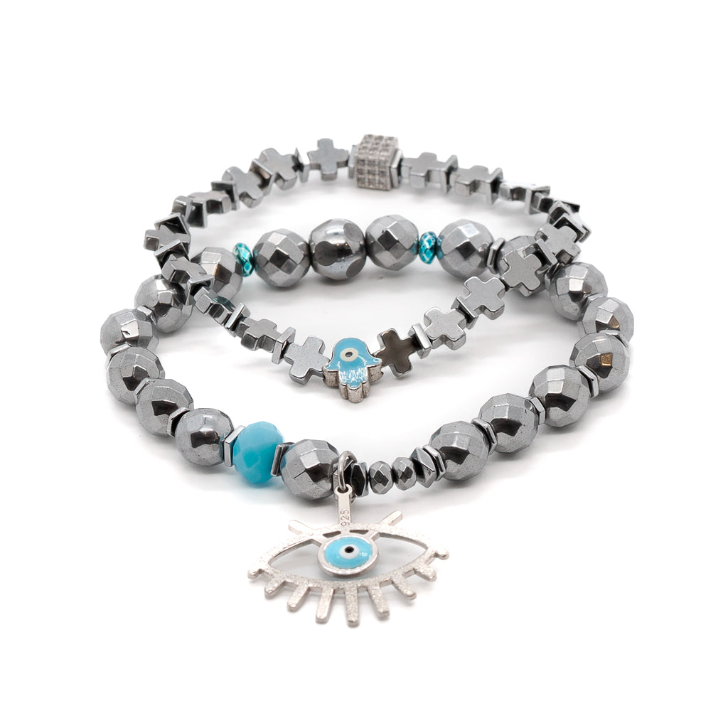 Silver hematite stone beads bracelet with turquoise evil eye charm and navy blue/turquoise Hamsa charm