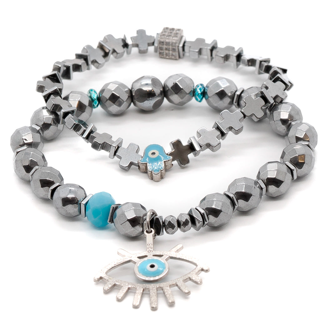 Good Vibes Energy Bracelet Set with silver hematite beads and sterling silver charms