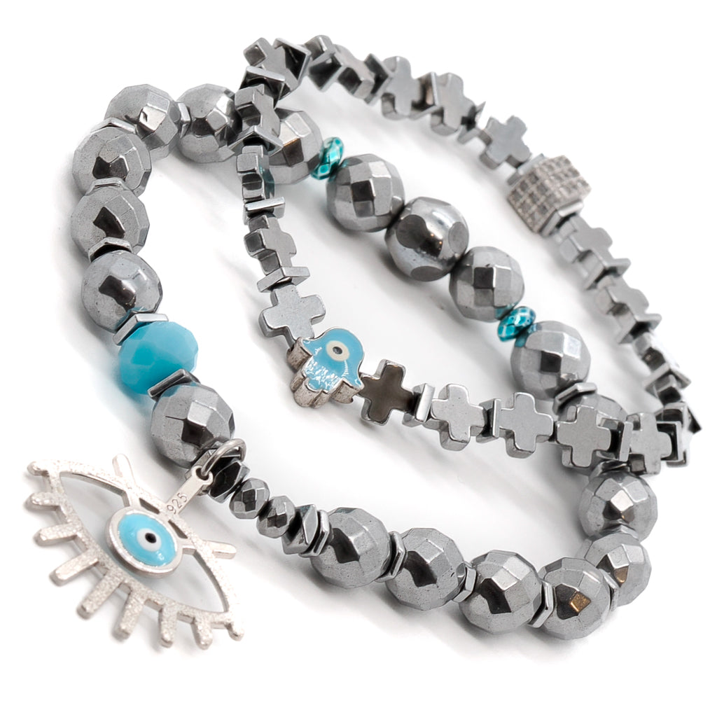 Handmade bracelet set featuring silver hematite beads, evil eye charm, and Hamsa charm