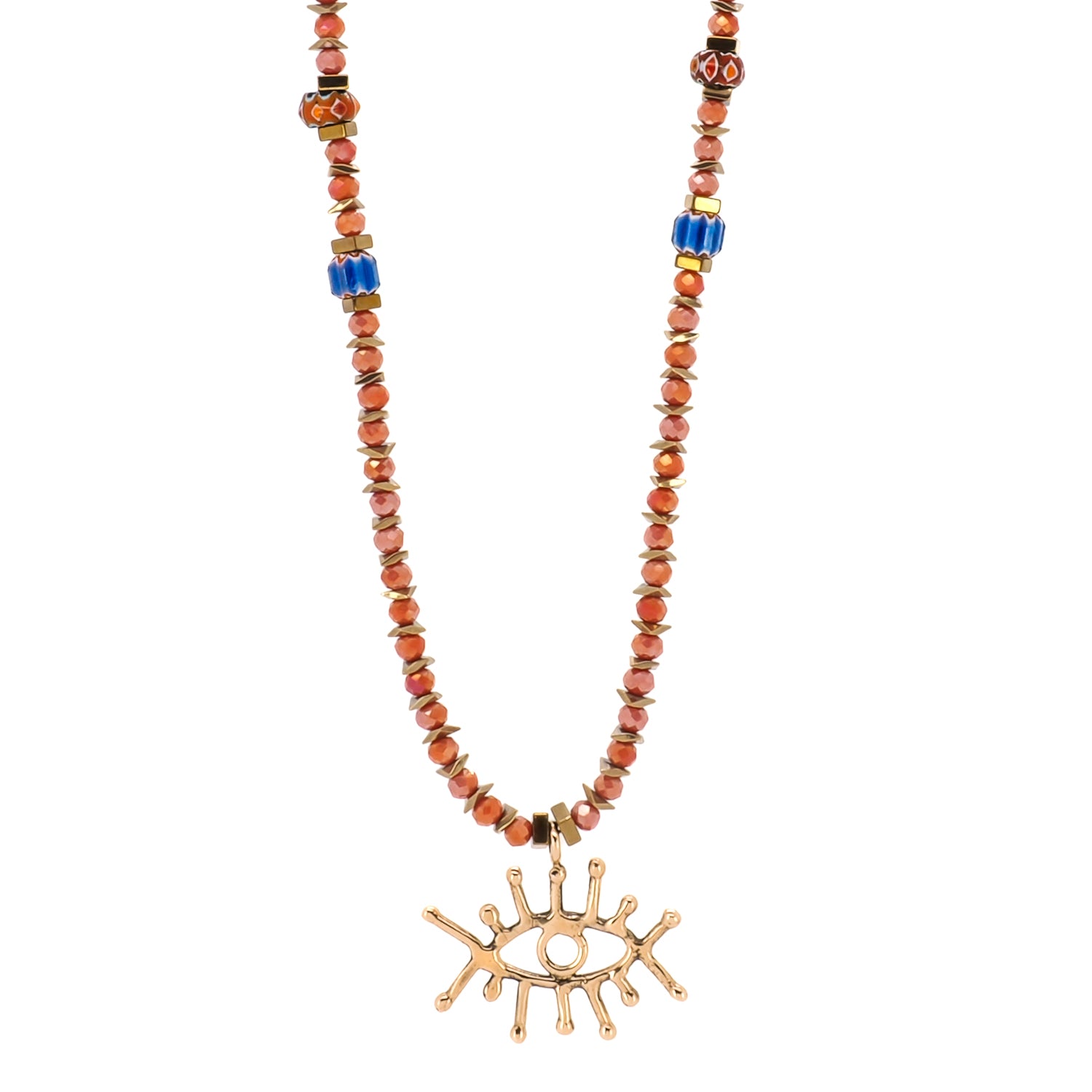 Handmade necklace featuring orange crystal beads, gold hematite stone beads, and bronze evil eye pendant