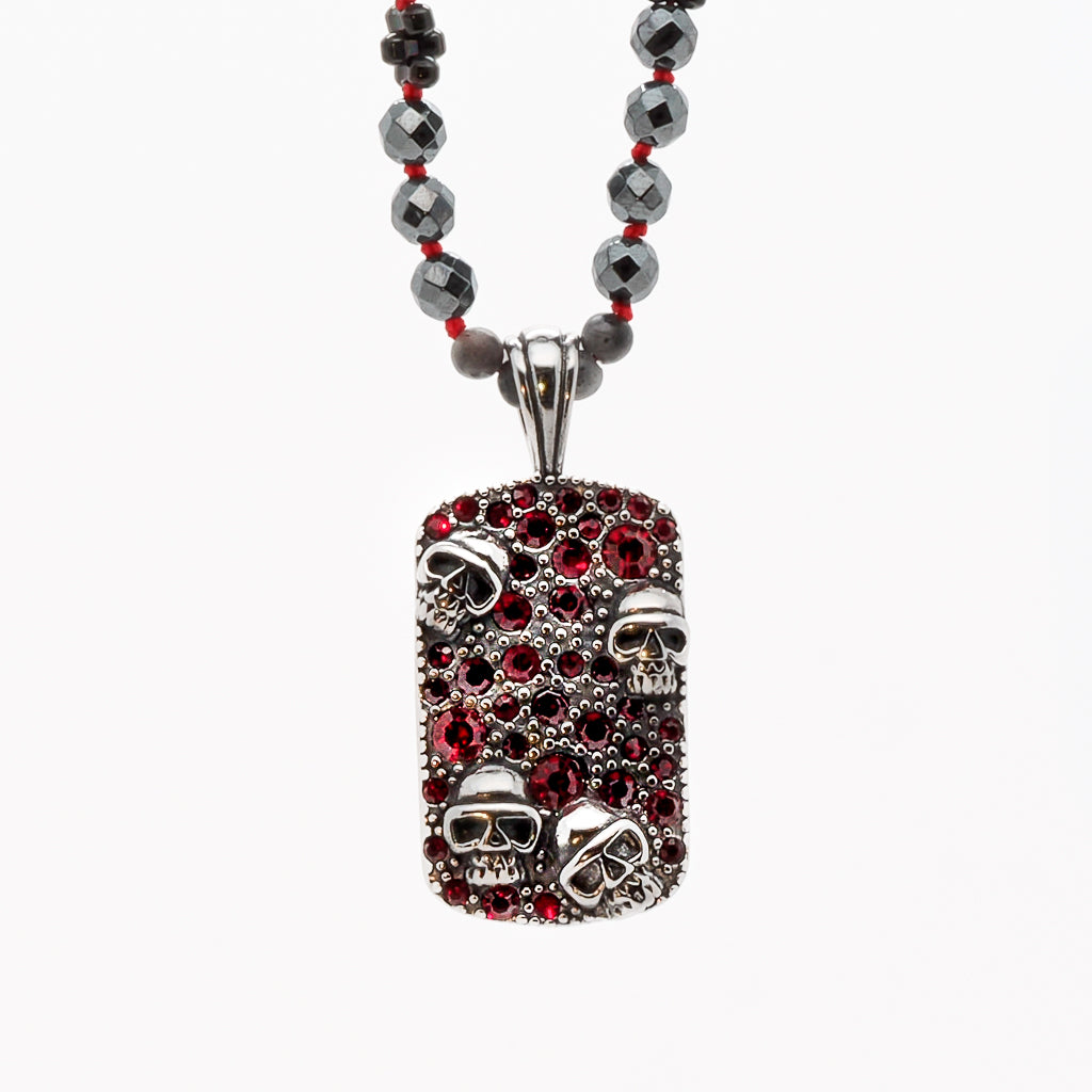 Striking Gothic Red Skull Necklace with black hematite beads and a bold red zircon skull pendant