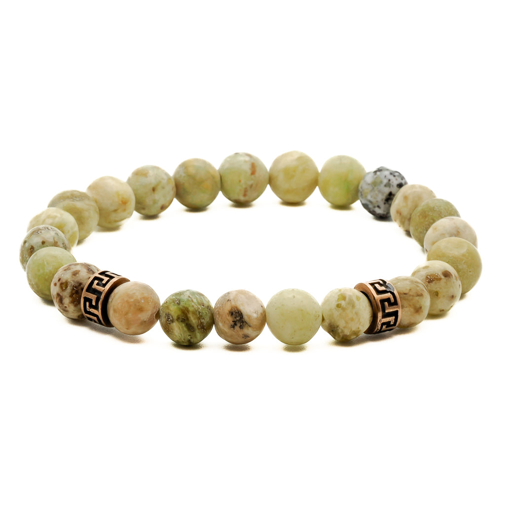 Serene and stylish Greek Bracelet with tree agate stones and bronze gold plated accents, perfect for adding a touch of tranquility to your ensemble
