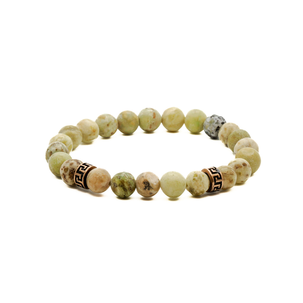 Handmade bracelet featuring three tree agate stones and bronze gold plated accent beads for a touch of elegance