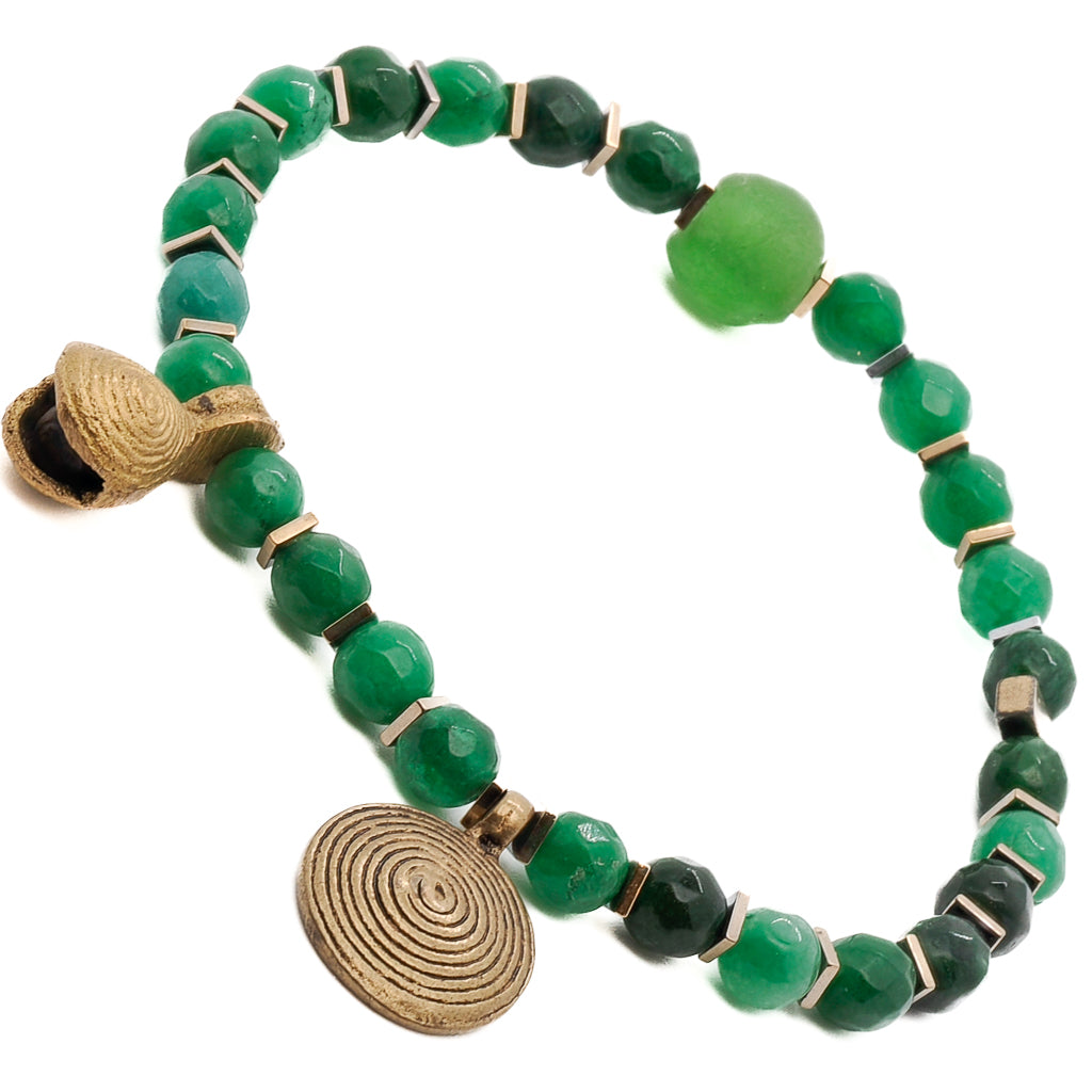 Green Energy Spiral Anklet adorned with 10mm green African beads, bronze large Nepal bead, and a combination of jade stones, creating a stylish and spiritually uplifting accessory.