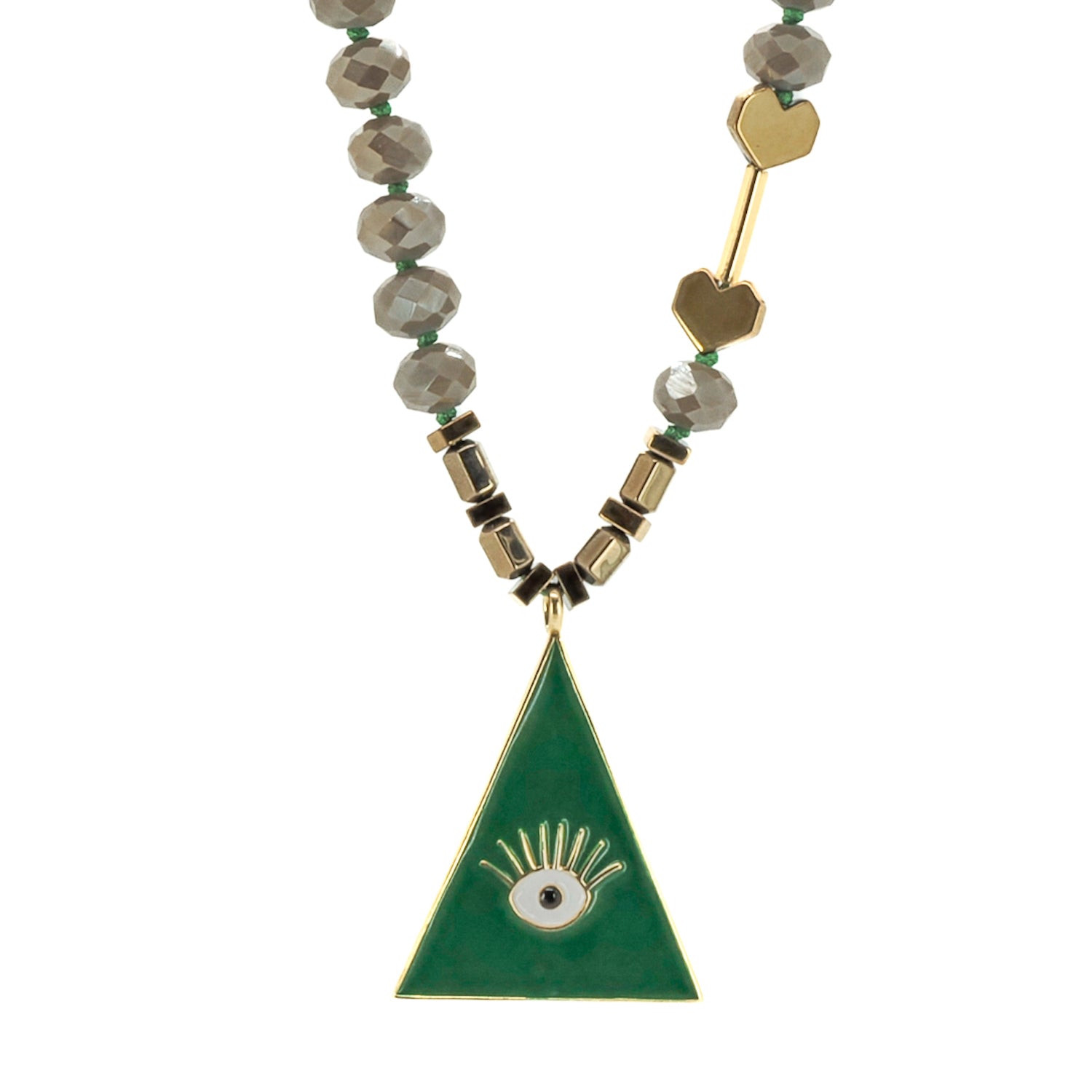 A striking Green Evil Eye Unique Necklace featuring green and beige crystal beads, gold hematite stone heart shape beads, and Alhambra flower beads. 