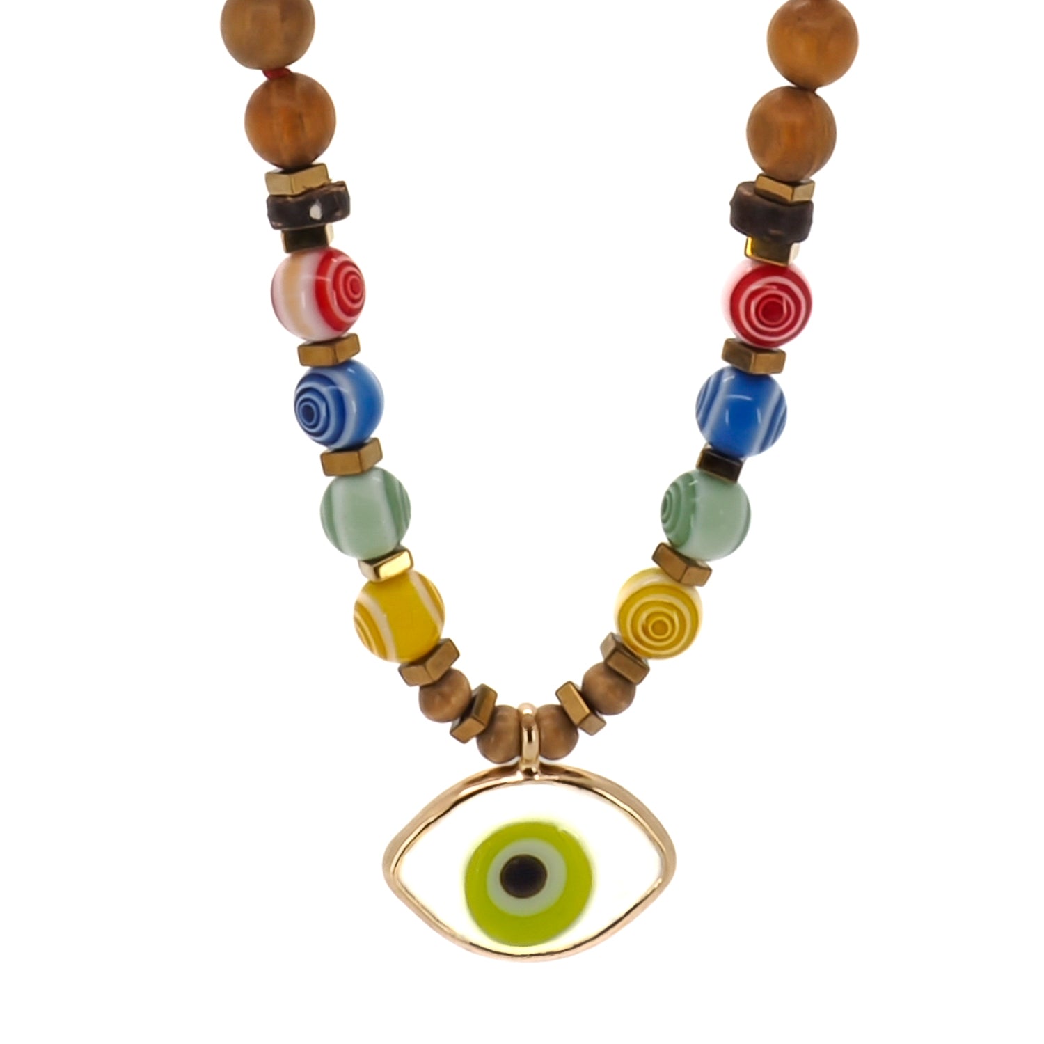 A vibrant Green Eye Beaded Necklace featuring a mix of blue, yellow, red, and green glass evil eye beads. 