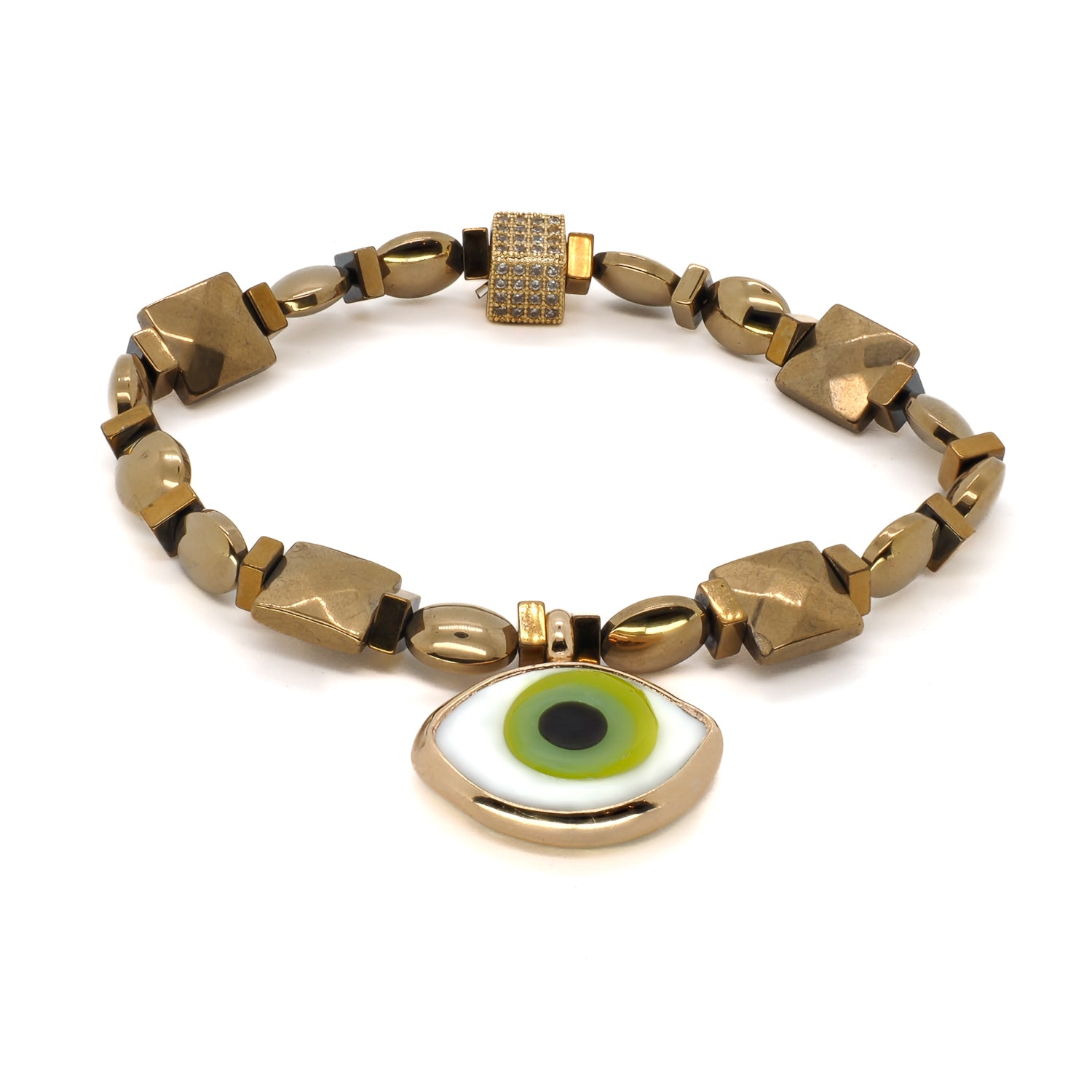 A close-up view of the Green Eye Vitality Bracelet, showcasing the intricate details of the gold color hematite stone square beads, gold color hematite stone beads, and the square gold plated bead with Swarovski crystals. 