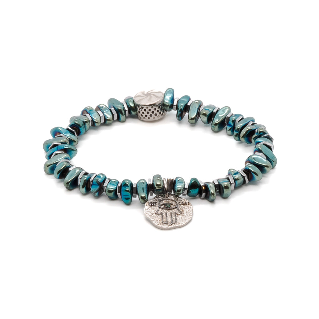 The bracelet features green nugget hematite stone beads, which are believed to have grounding and calming properties. 