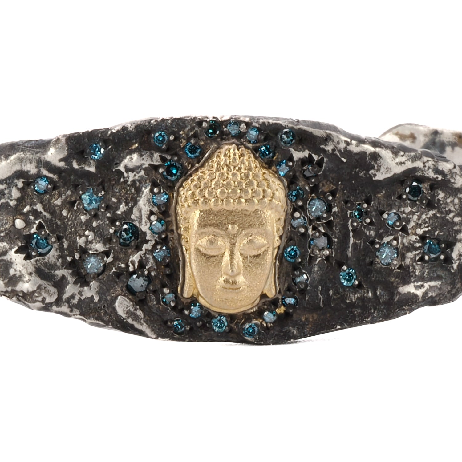 Blue Diamond Buddha Bracelet - Elevate your style with this handcrafted bangle bracelet featuring a Buddha charm, 14k gold accents, and stunning blue diamonds for a touch of glamour.