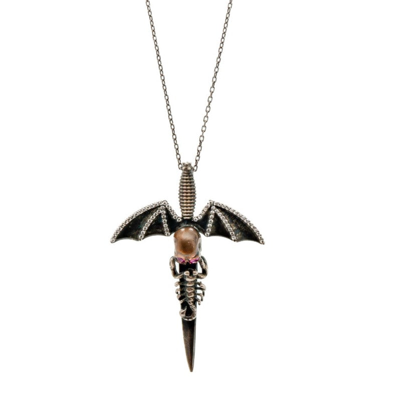 Handmade Silver Skull Necklace - Embrace your bold and independent spirit with this exceptional handmade necklace featuring a striking silver skull pendant with bat wings and fiery ruby eyes, suspended from a rhodium-plated chain.