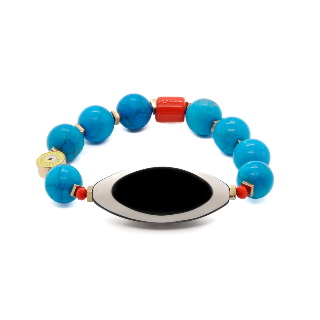 Close-up of the Happiness Turquoise Eye Bracelet, highlighting the vibrant turquoise beads and the large black and white Evil Eye bead at the center, showcasing its bold and stylish design.