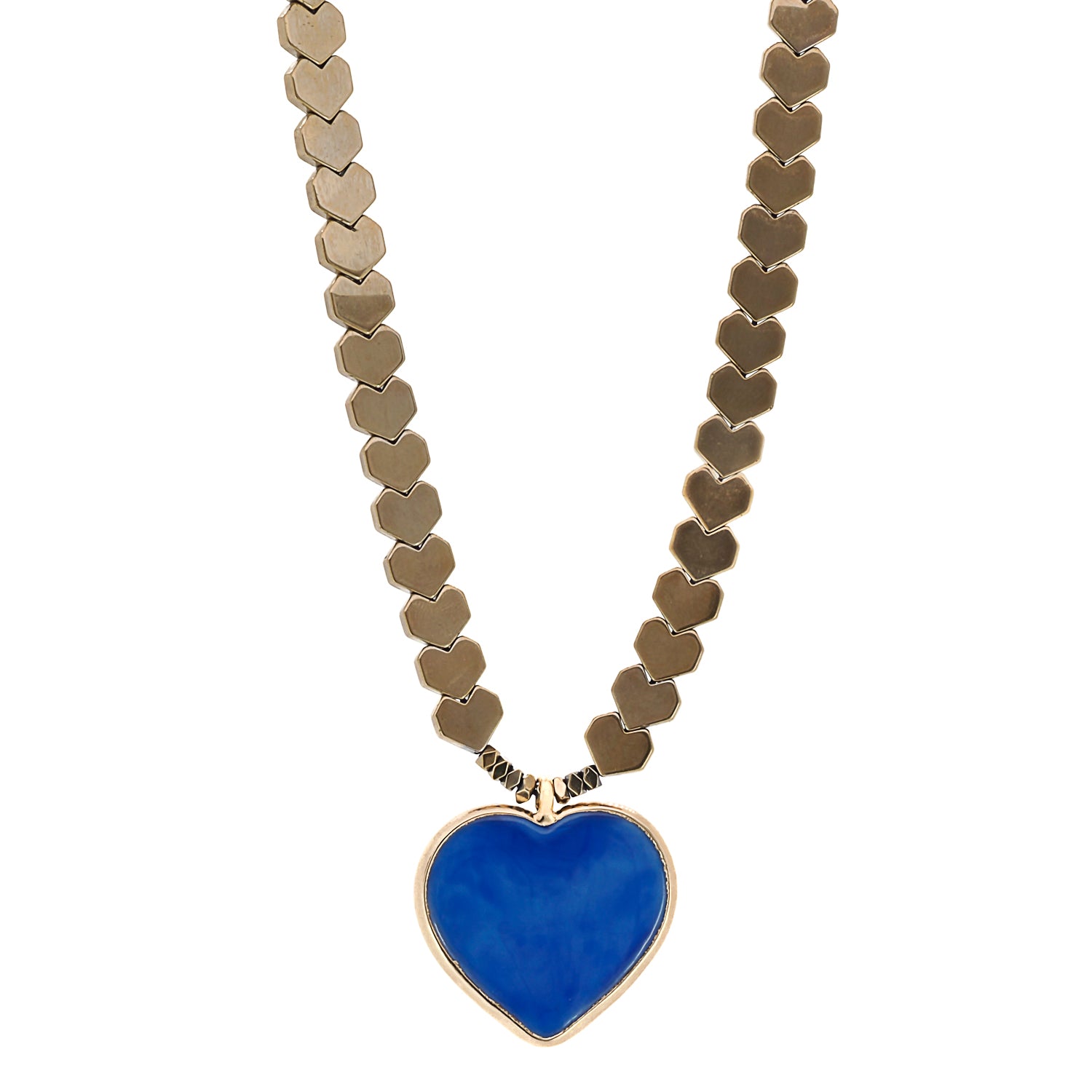 Close-up of the Happy Blue Heart Necklace, showcasing the intricate gold color heart shape hematite stone beads and the vibrant 18K gold plated blue heart ceramic pendant, highlighting its unique and eye-catching design.