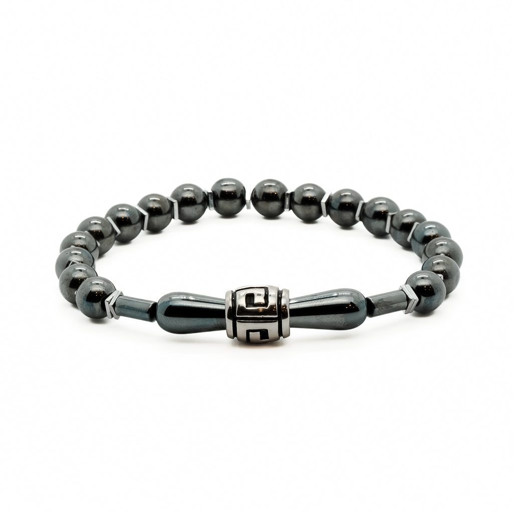 Healing Hematite Men Bracelet featuring grey hematite stone beads and silver spacers.