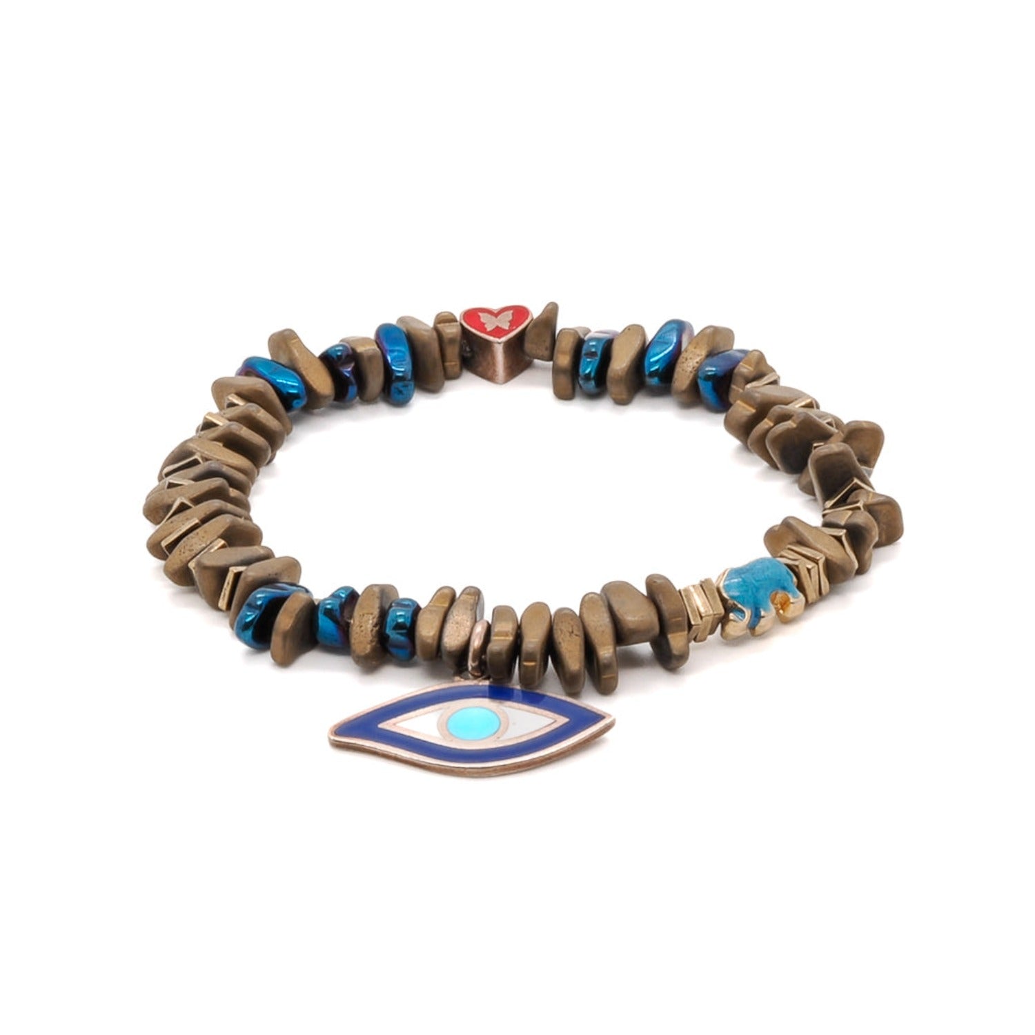 Helena Bracelet featuring gold and blue hematite stones, lucky elephant bead, butterfly accent, and evil eye charm.