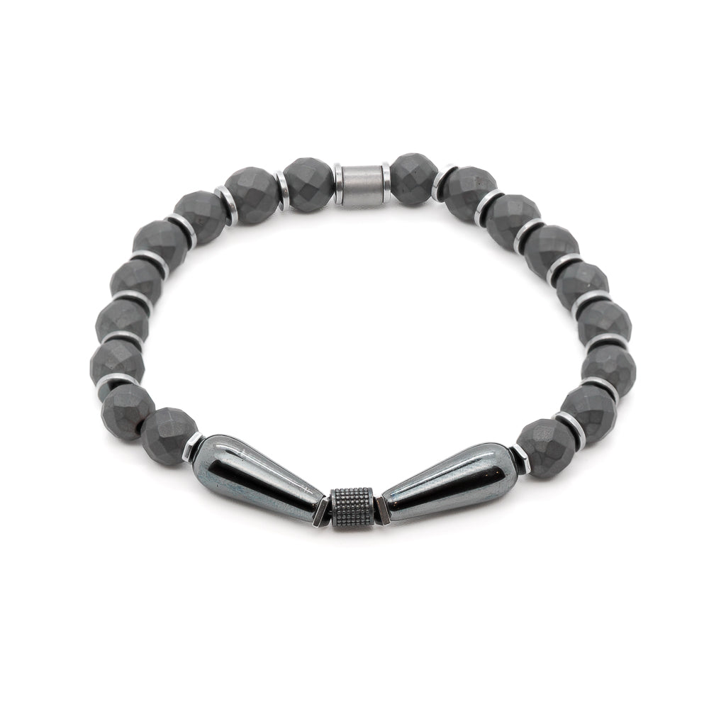 Hematite Balance Men&#39;s Bracelet with natural faceted beads and teardrop-shaped hematite accents.