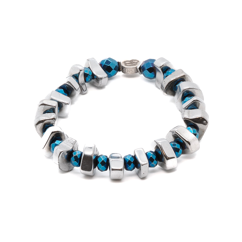 The Hematite Bracelet, a sleek and stylish accessory featuring silver and blue nugget Hematite stone beads.
