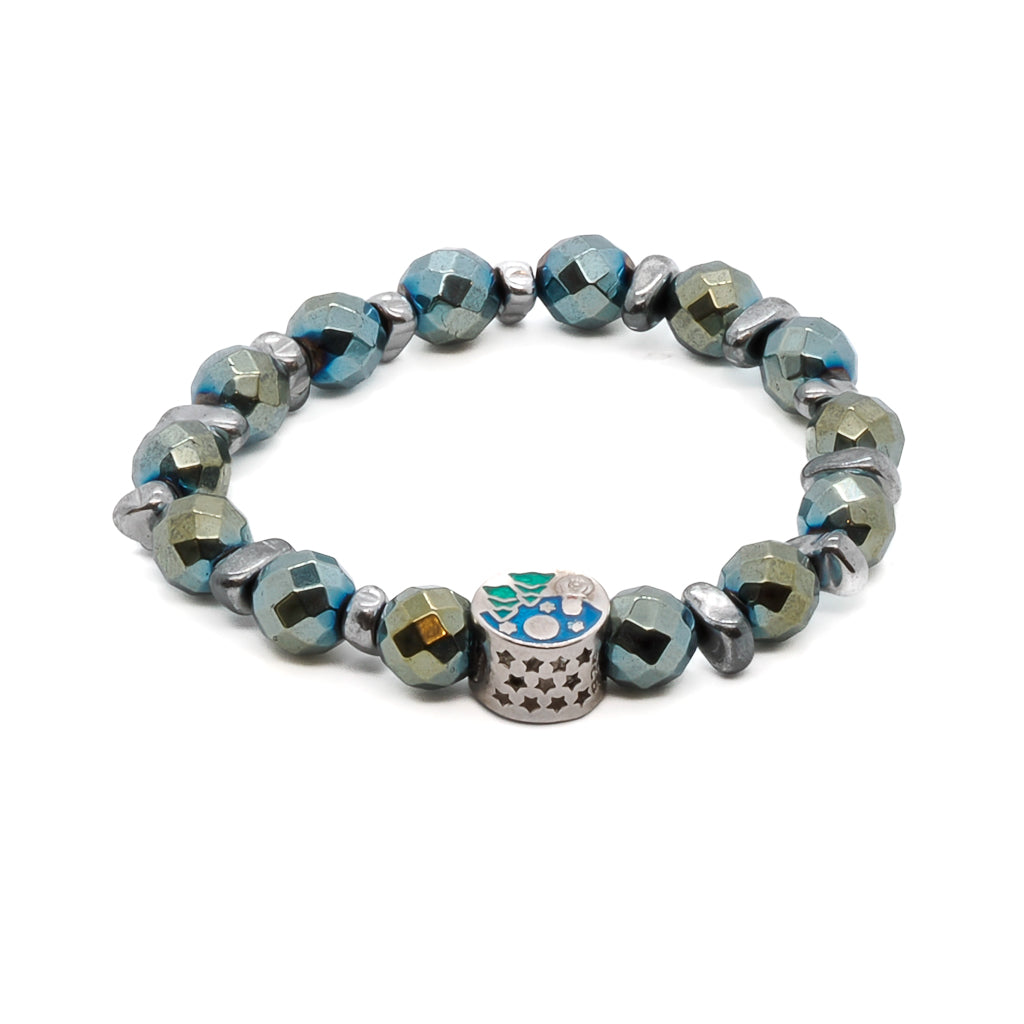 The Hematite Energy Bracelet, showcasing its green faceted Hematite stone beads and Sterling silver star charm accent.