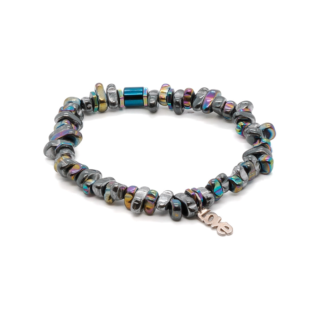 The Hematite Love Bracelet is a beautiful and meaningful piece of jewelry that symbolizes the power of love. The bracelet features a series of multicolor nugget hematite stone beads, which are believed to promote grounding, balance, and inner strength.