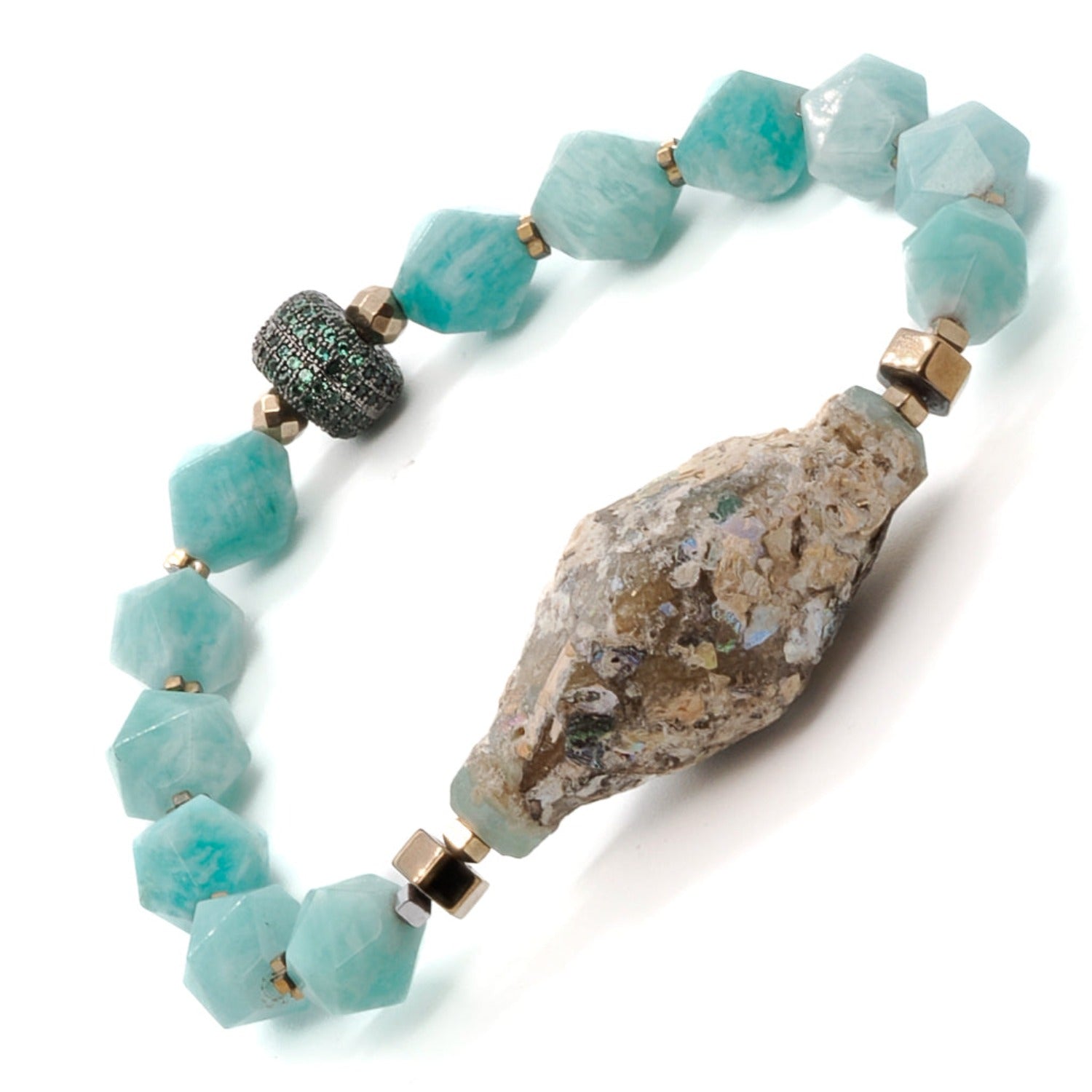 Discover the beauty of the Historical Bracelet, adorned with larimar and a unique multicolor glass bead.