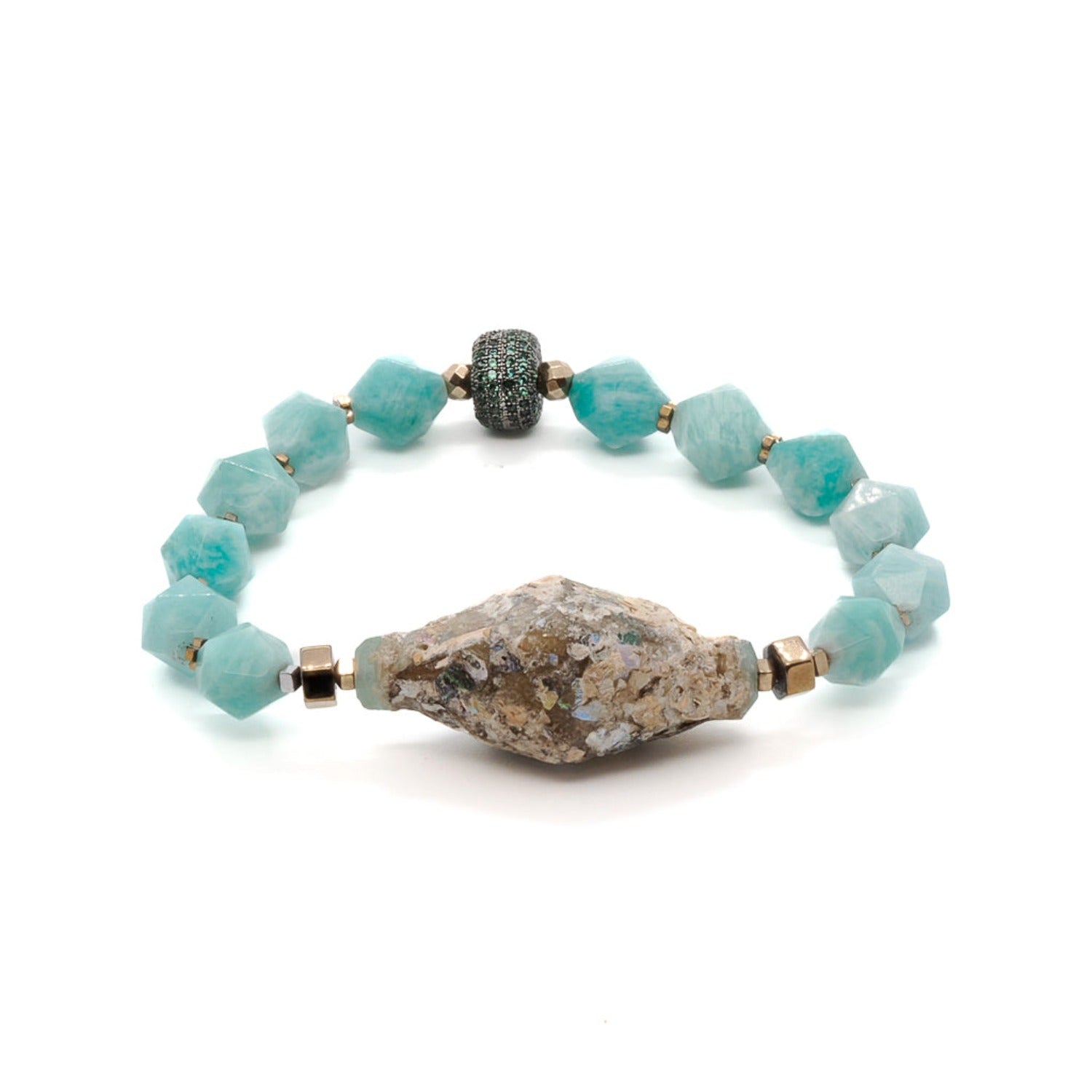 The Historical Bracelet, featuring a captivating blend of larimar, gold hematite, and a multicolor glass bead.