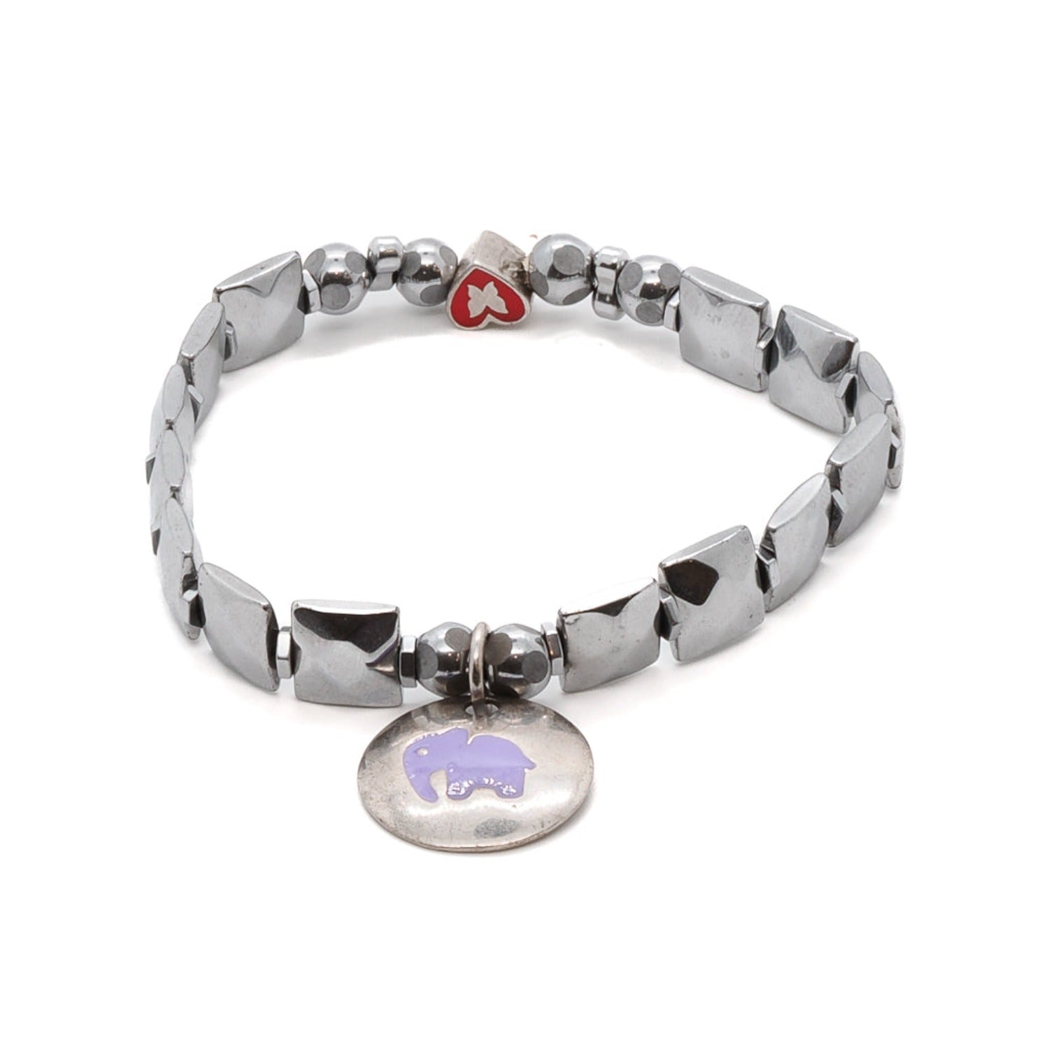 The Hope Elephant Bracelet, featuring faceted hematite beads and sterling silver charms.