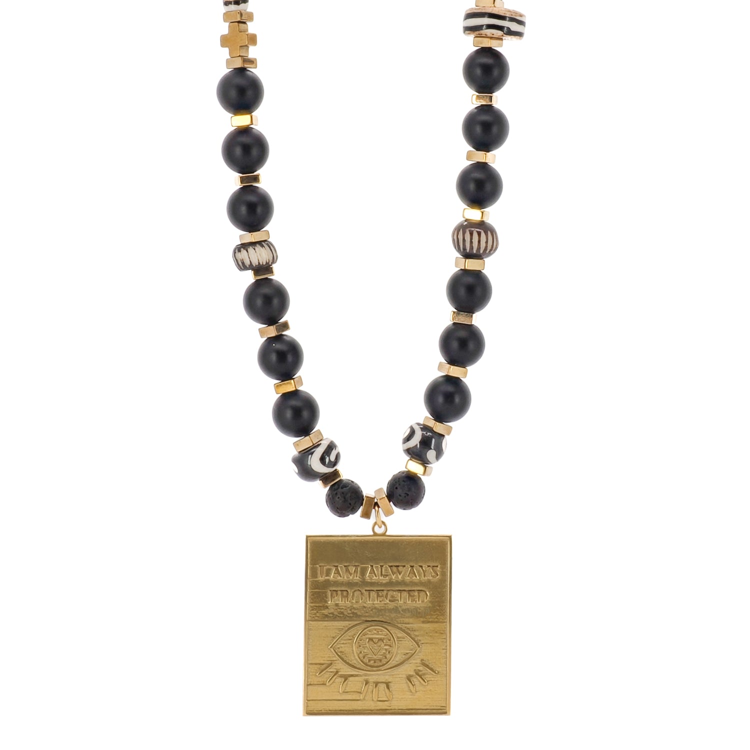 The I Am Always Protected Onyx Necklace, featuring black onyx beads and a gold-plated evil eye pendant.