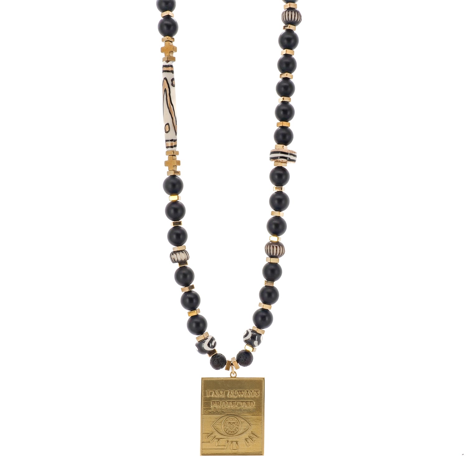 Embrace positive energy with the I Am Always Protected Onyx Necklace, handcrafted with love and featuring a unique gold-plated evil eye pendant.
