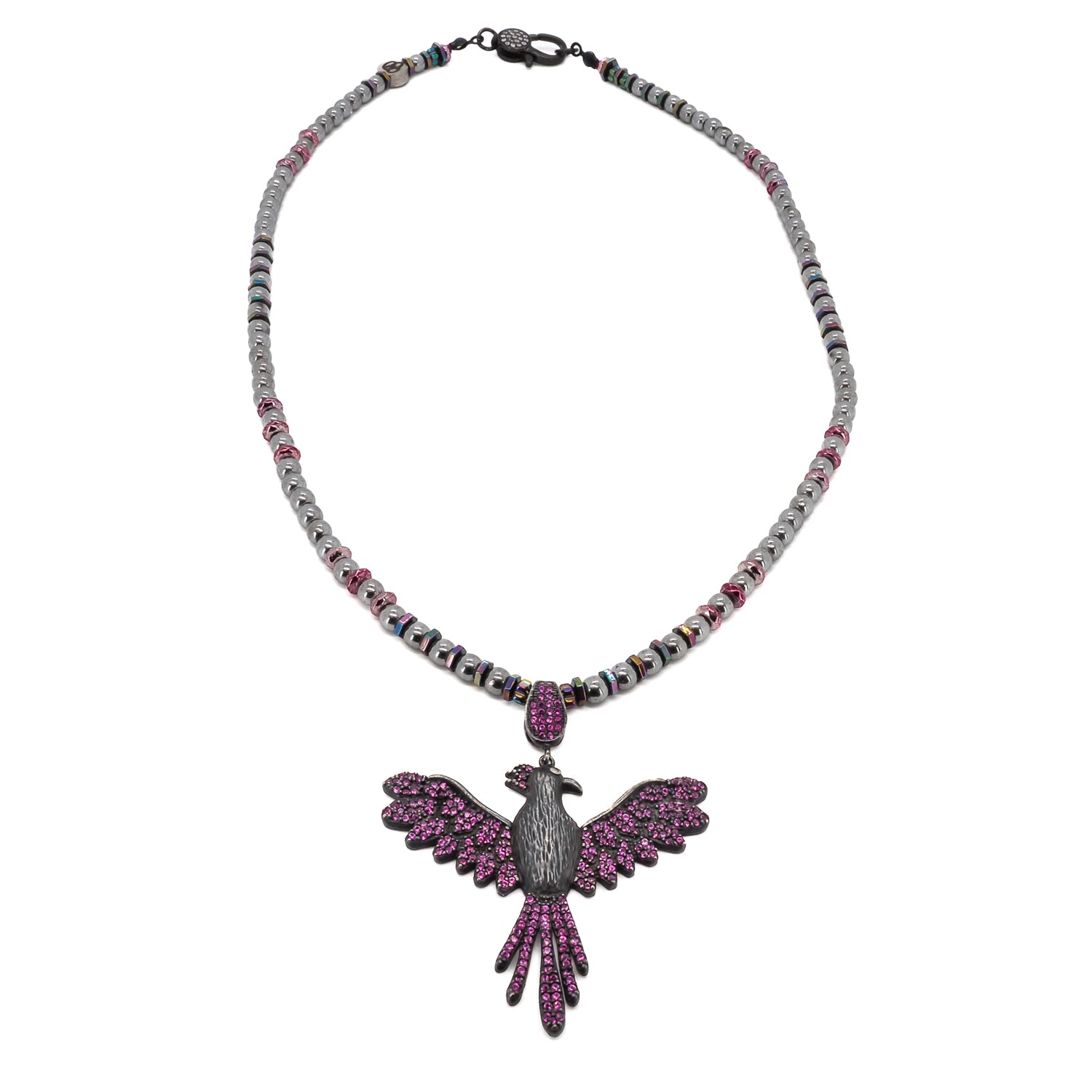 A special necklace with a Phoenix pendant and pink Swarovski crystals, symbolizing rebirth and youth.