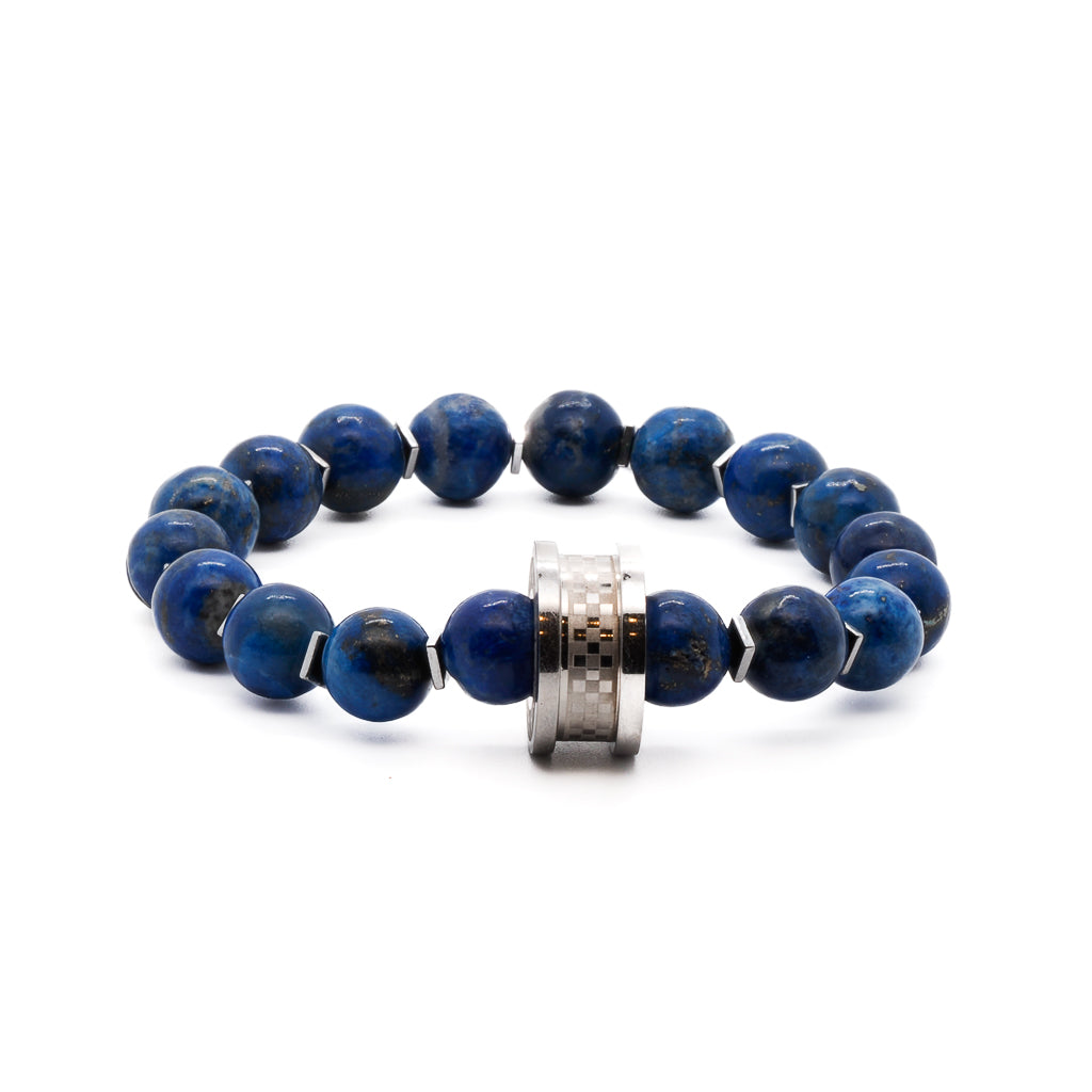 Lapis Lazuli Amor Bracelet, a stunning handmade accessory featuring vibrant blue Lapis Lazuli stone beads and silver Hematite spacers.
