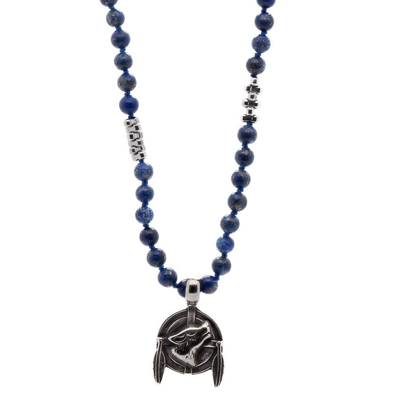 Lapis Lazuli Brave Wolf Necklace, a powerful accessory featuring vibrant blue Lapis Lazuli beads and a solid steel Wolf pendant.