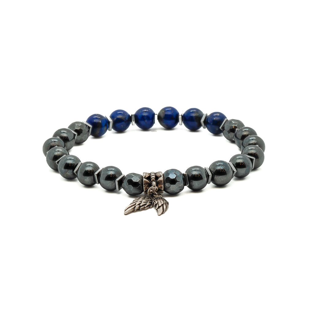 Lapis Lazuli Hematite Energy Men&#39;s Bracelet with 925 Sterling silver angel wings charm.