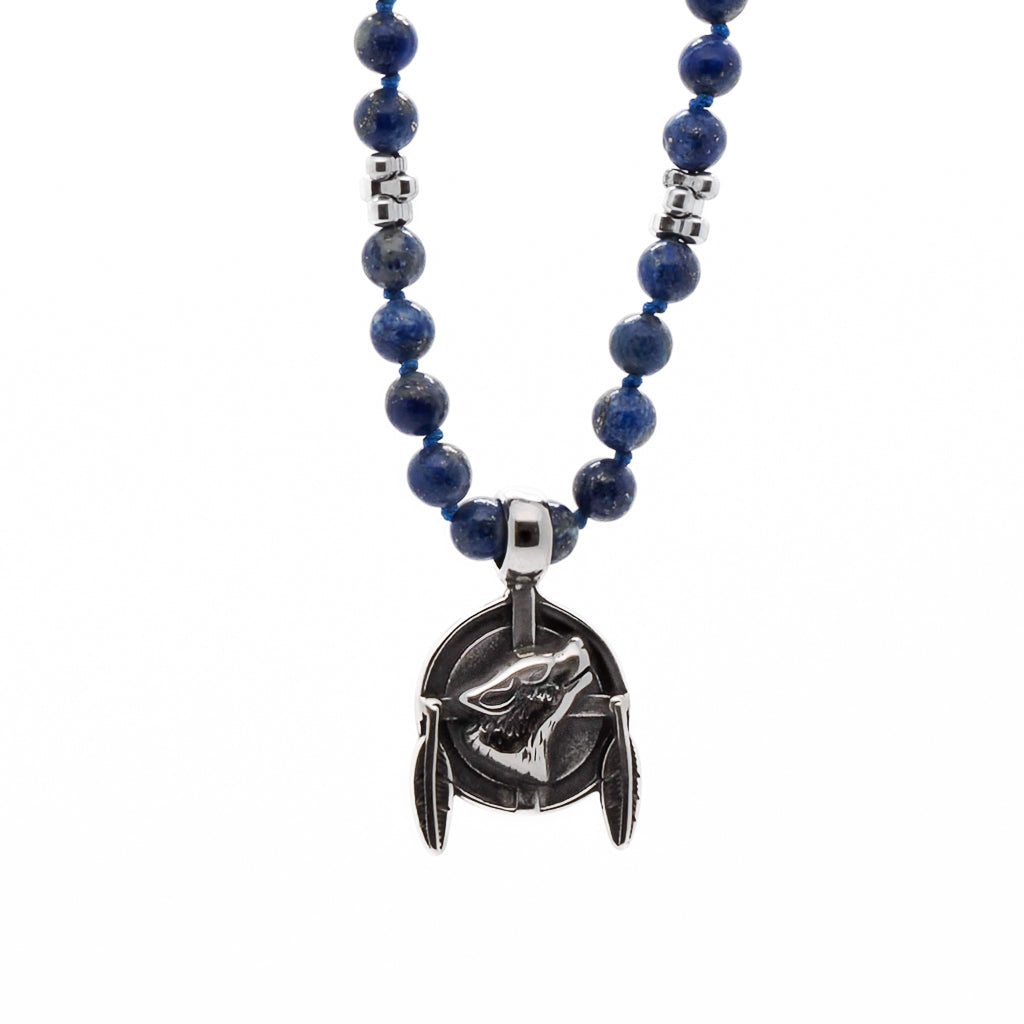 Lapis Lazuli Wolf Necklace with vibrant blue beads and a powerful wolf pendant.