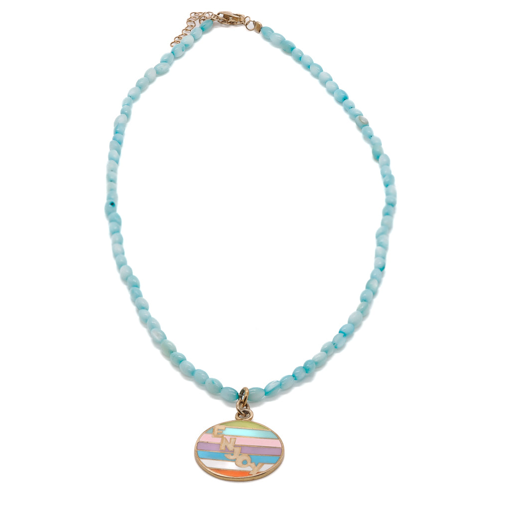 Handmade Larimar Necklace with &quot;Enjoy&quot; pendant plated in 14k gold.