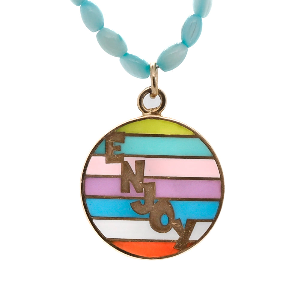 Larimar Choker Necklace featuring a playful and vibrant &quot;Enjoy&quot; pendant.