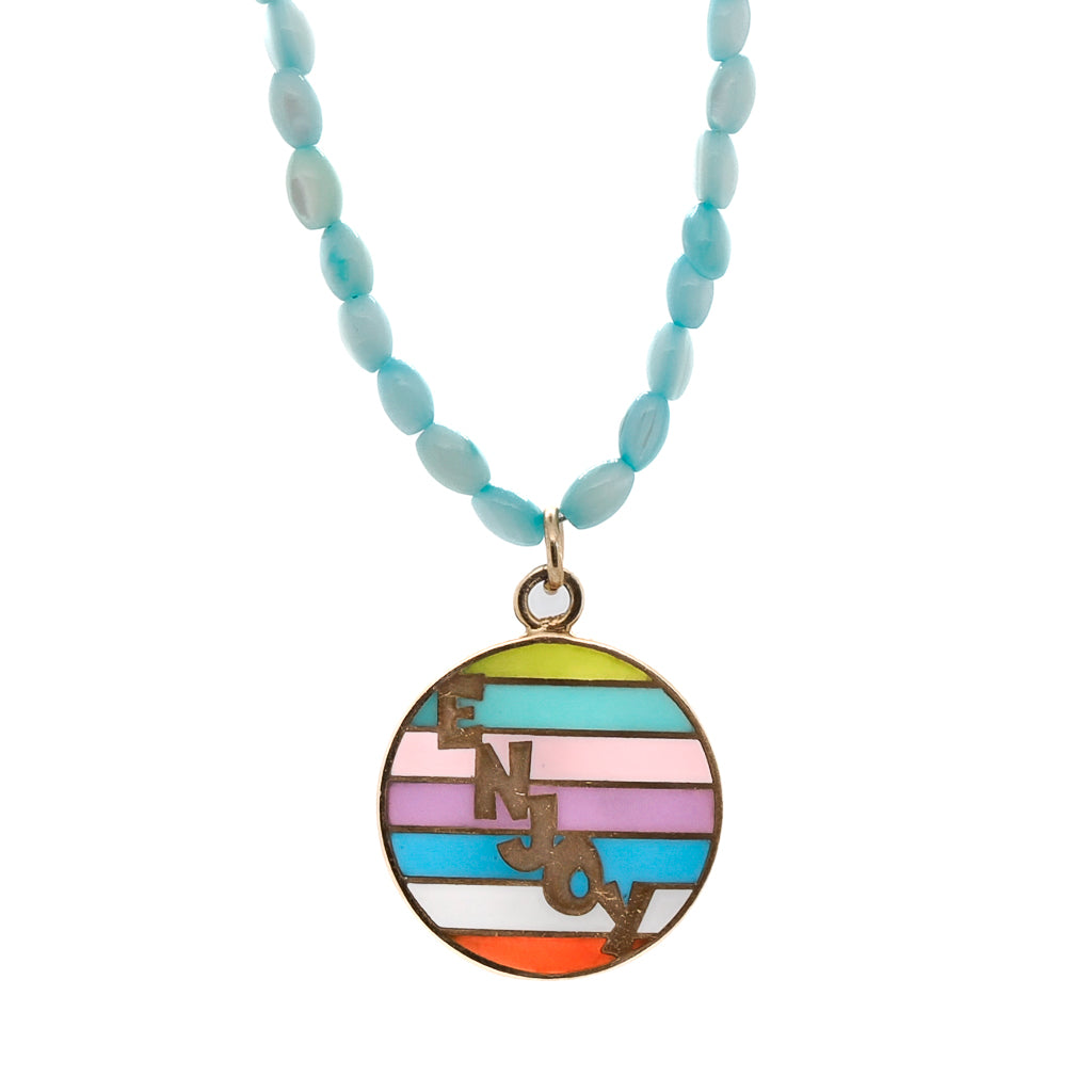 Larimar Choker Enjoy Necklace with vibrant enamel pendant and calming Larimar stone beads.
