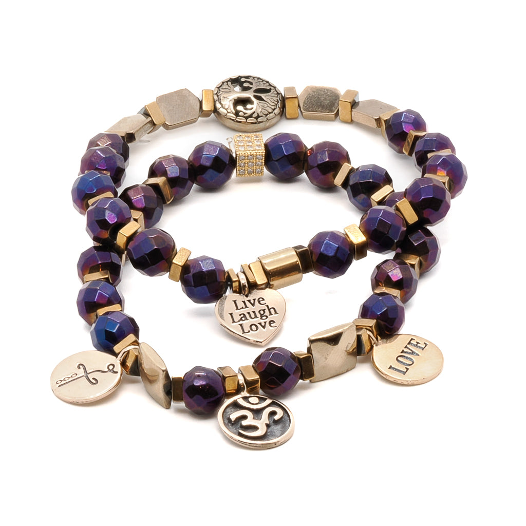 Life Journey Bracelet Set, a symbol of love and beauty, featuring gold and purple hematite stones.