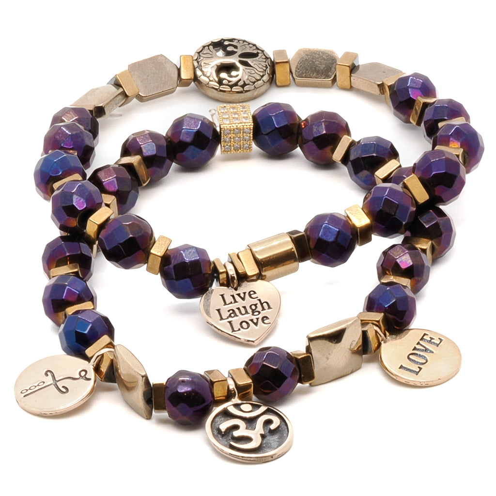 Life Journey Bracelet Set, a meaningful combination of purple and gold hematite stones, showcasing its elegance and positive energy.