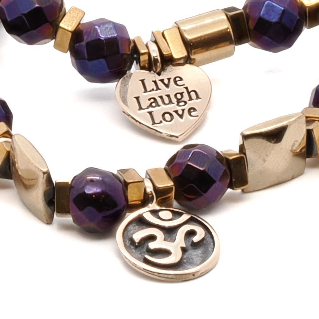 Handmade bracelet set with hematite stones and meaningful charms - Live, Laugh, Love; Heal; and Dream.