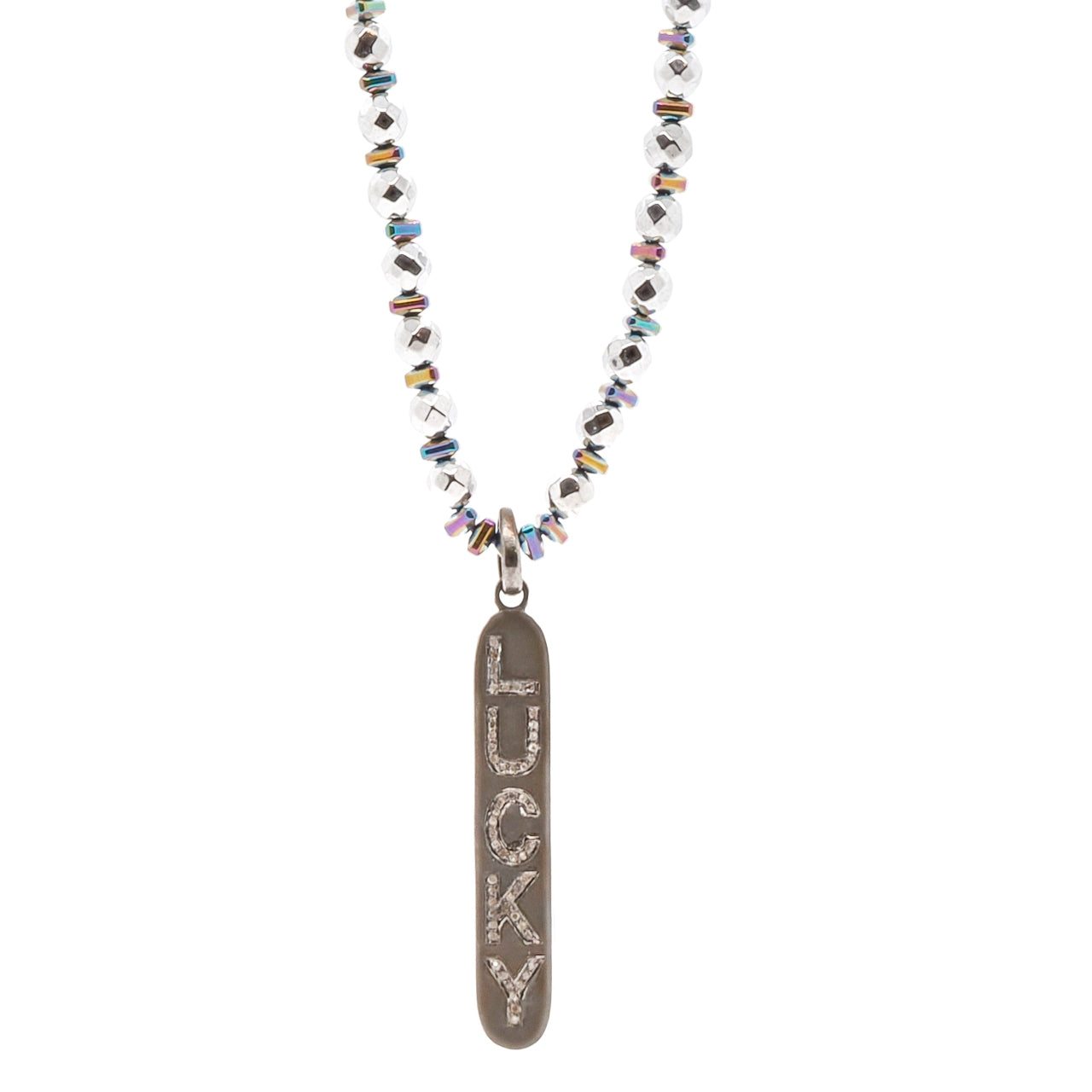Light of Luck Diamond Necklace, a dazzling blend of silver hematite beads and a lucky charm pendant, radiating positive energy and style.