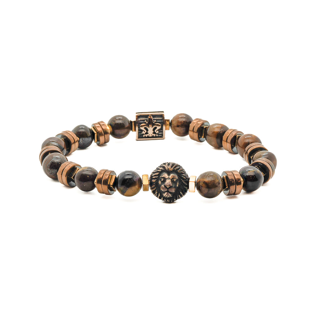 Lion Men Bracelet, featuring a captivating Tiger&#39;s eye stone and bronze lion charm, embodying strength and nobility.