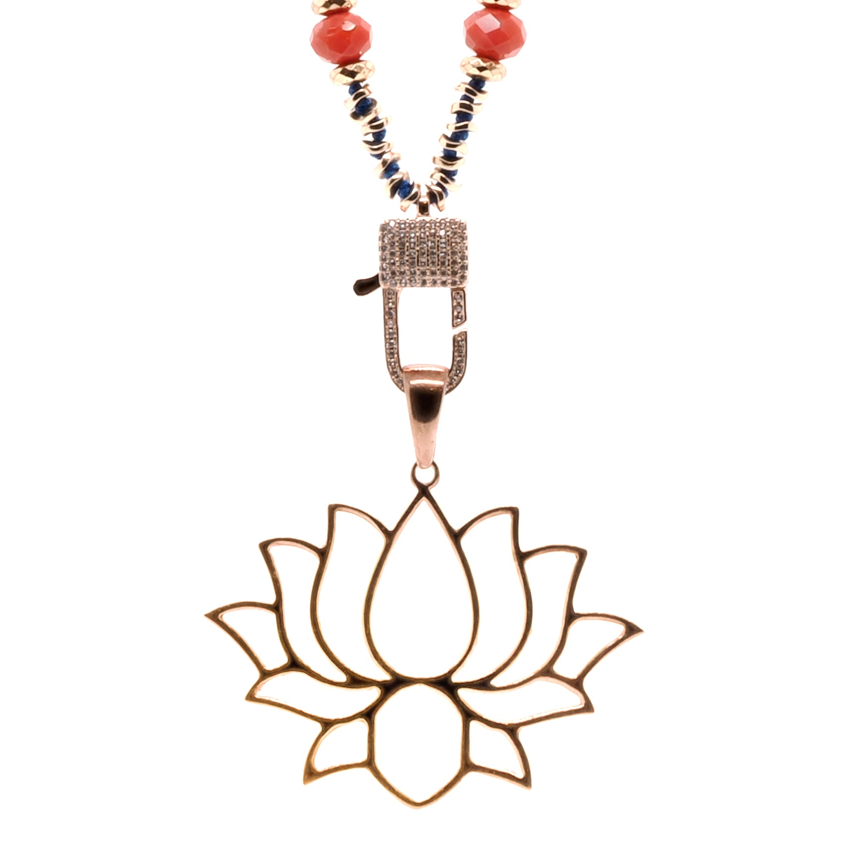 Discover the beauty and meaning of the Lotus Flower Mandala Necklace, handcrafted with Lapis Lazuli and Blue Agate beads, representing spiritual growth and tranquility.