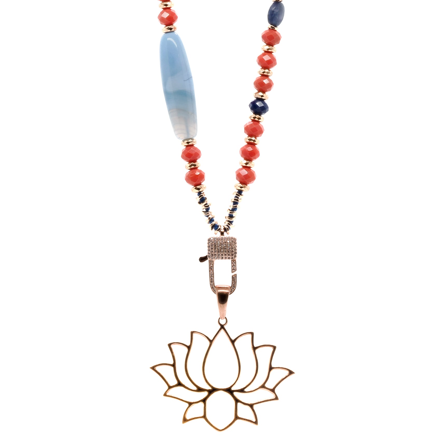 Embrace the spiritual journey with the Lotus Flower Mandala Necklace, featuring vibrant Lapis Lazuli and Blue Agate beads, symbolizing enlightenment and inner peace.