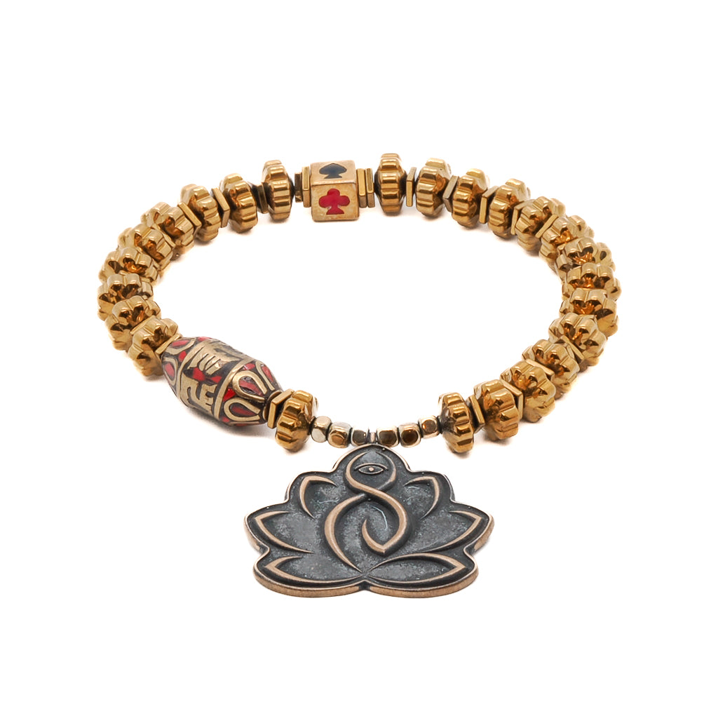 Embrace the divine energy with the Lotus Flower Mantra Bracelet, adorned with gold color hematite beads and a powerful Om Mani Padme Hum mantra bead.