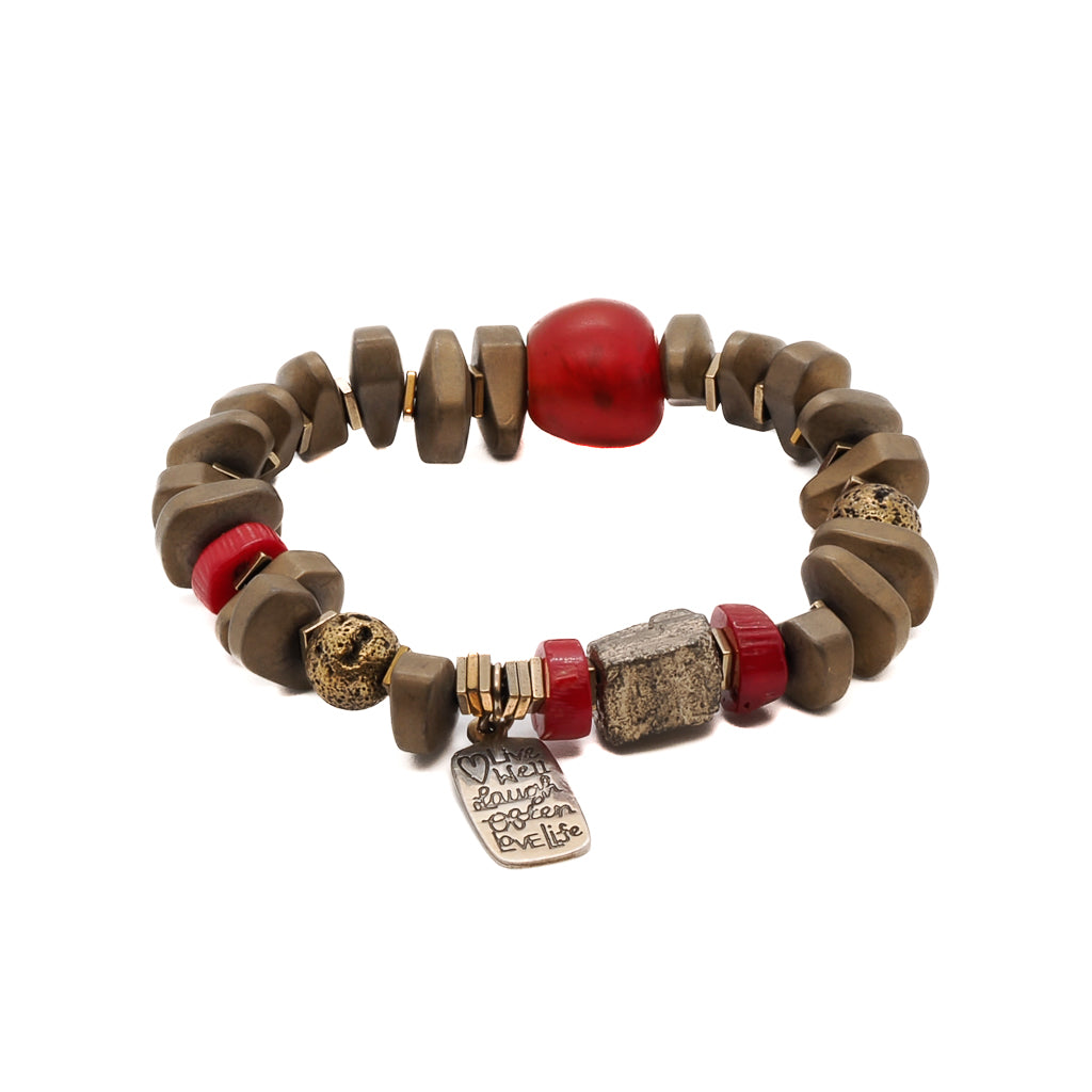 Admire the intricate details of the Love Life Vintage Mantra Bracelet, featuring nugget matte gold hematite beads and a meaningful mantra charm.