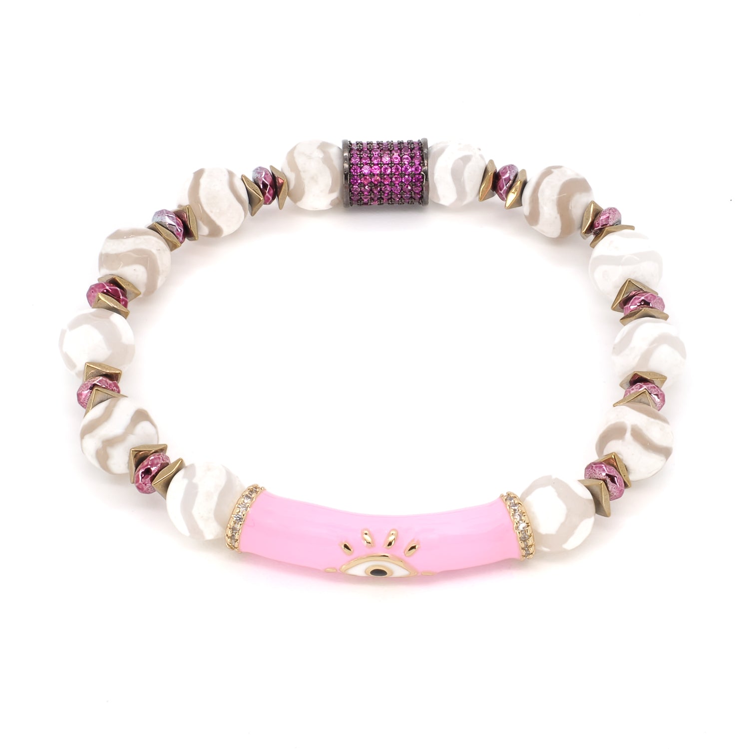 Experience the beauty and protection of the Love Protection Bracelet, adorned with Nepal Agate stone beads and an 18k gold plated evil eye charm.