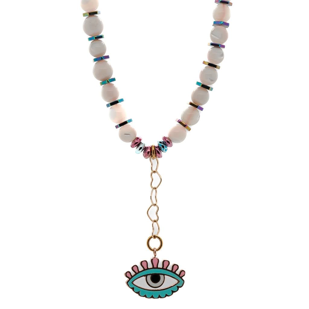 Embrace protection and style with the Love Protection Necklace, featuring Tridacna stone beads and an enchanting Evil Eye charm.